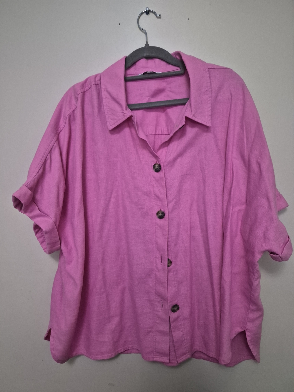 Reitmans Linen Blend Bright Pink Button-Down Short Sleeve Shirt